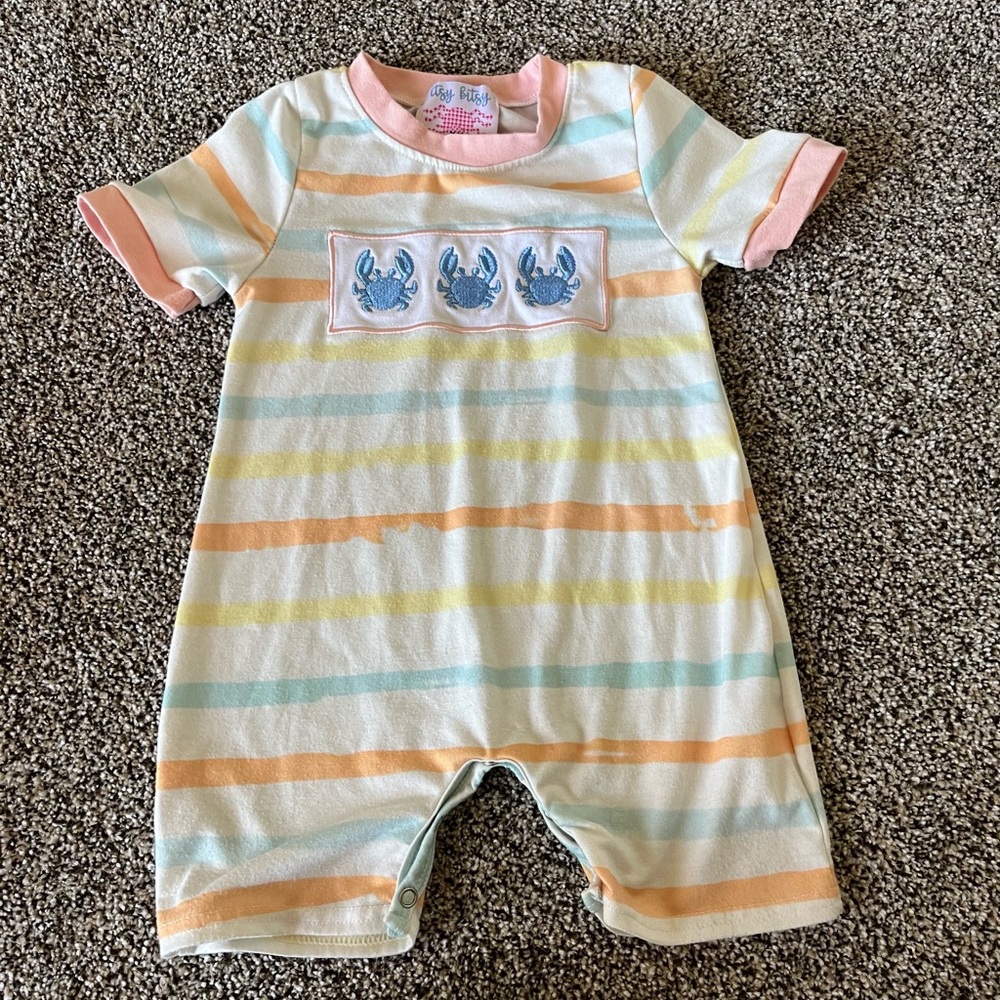 Striped Baby Romper with Crab Design